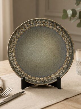 Signed Ceramic Decorative Serving Plate With Hand Stamped Design Edging
